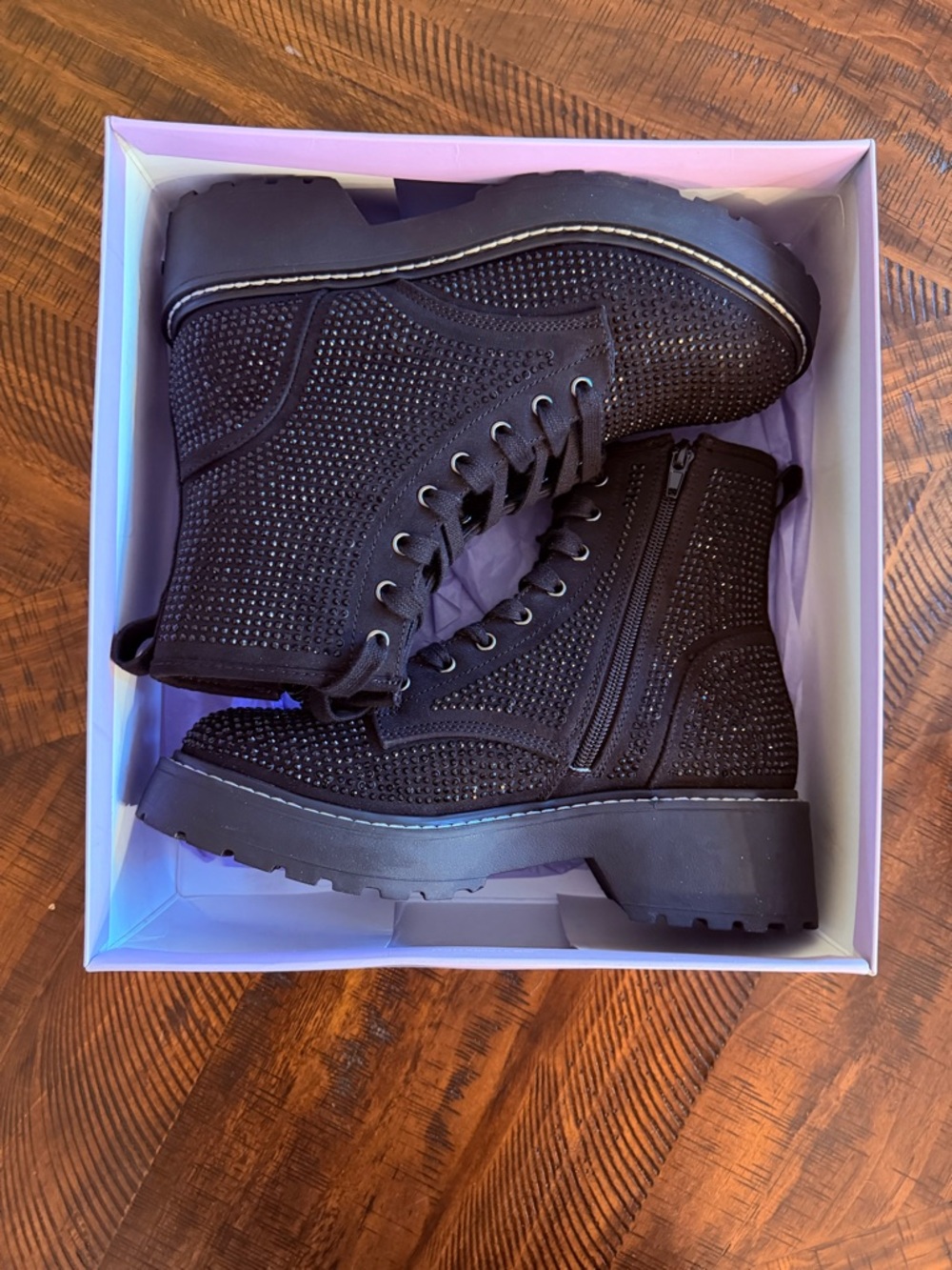 Madden Girl Sparkle Sequin Black Studded Combat Boots Lug Sole — NEW IN BOX - Picture 6 of 12